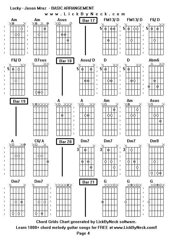 Chord Grids Chart of chord melody fingerstyle guitar song-Lucky - Jason Mraz  - BASIC ARRANGEMENT,generated by LickByNeck software.